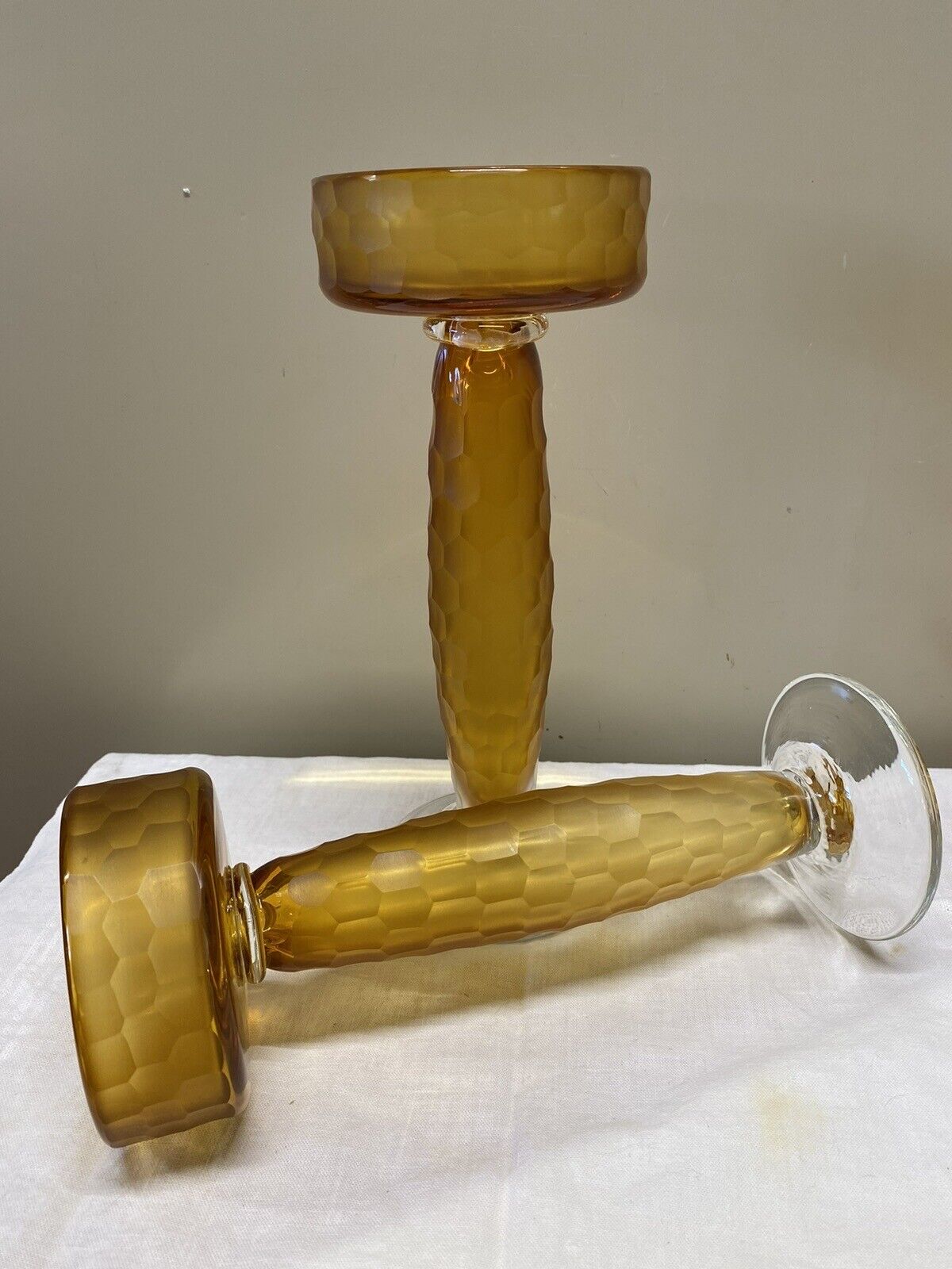 2 Battuto MCM Murano Venini Scarpa Amber Shaved Art Glass Pillar Candle Holders