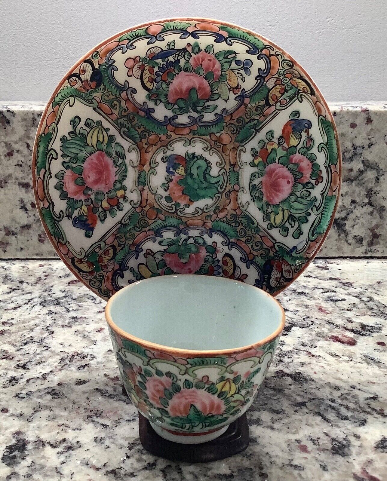 Vintage Chinese Porcelain Handpainted Sake Cup & Saucer with Stand