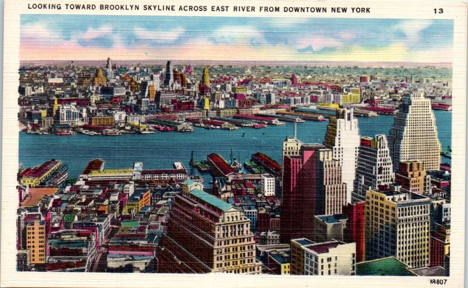 c1940s Linen Postcard NY New York City Brooklyn Skyline Across East River