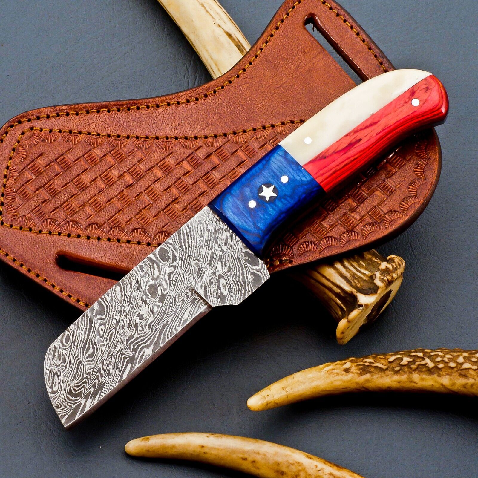 Custom Handmade Damascus Steel EDC Bull Cutter Knife Texas Flag Handle W/ Sheath