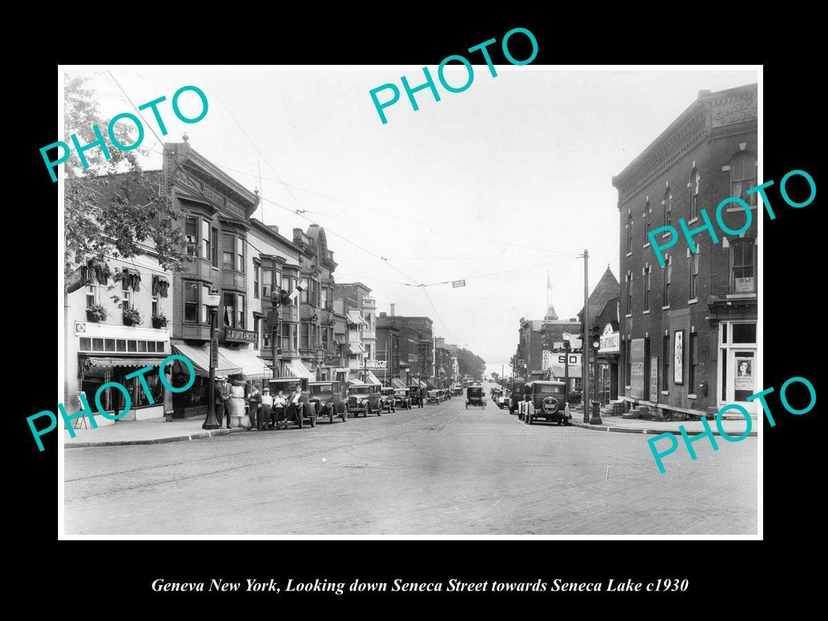 OLD 6 X 4 HISTORIC PHOTO OF GENEVA NEW YORK VIEW OF SENECA STEET & STORES c1930