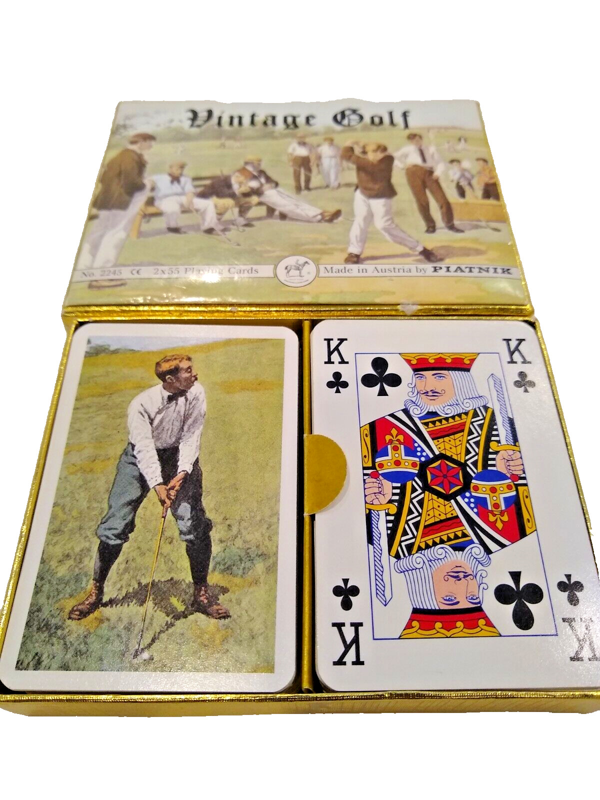 Vintage Golf Playing Cards 55ct double deck made in Austria / Piatnik gold box