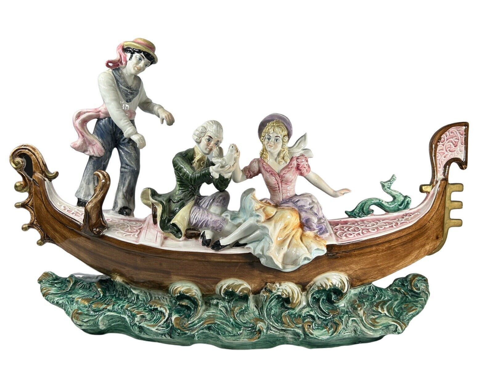 Capodimonte:  A Couple on the Gondola Large Porcelain Figurine Italy 27 X 18”