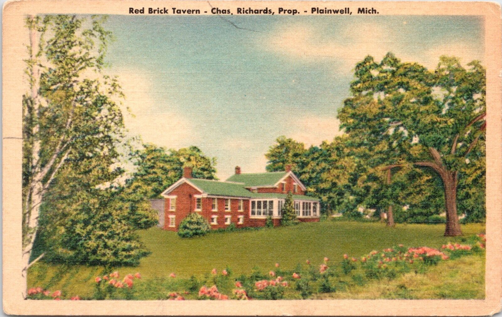 Plainwell MI RED BRICK TAVERN Richards Gardens Linen Michigan Postcard A413