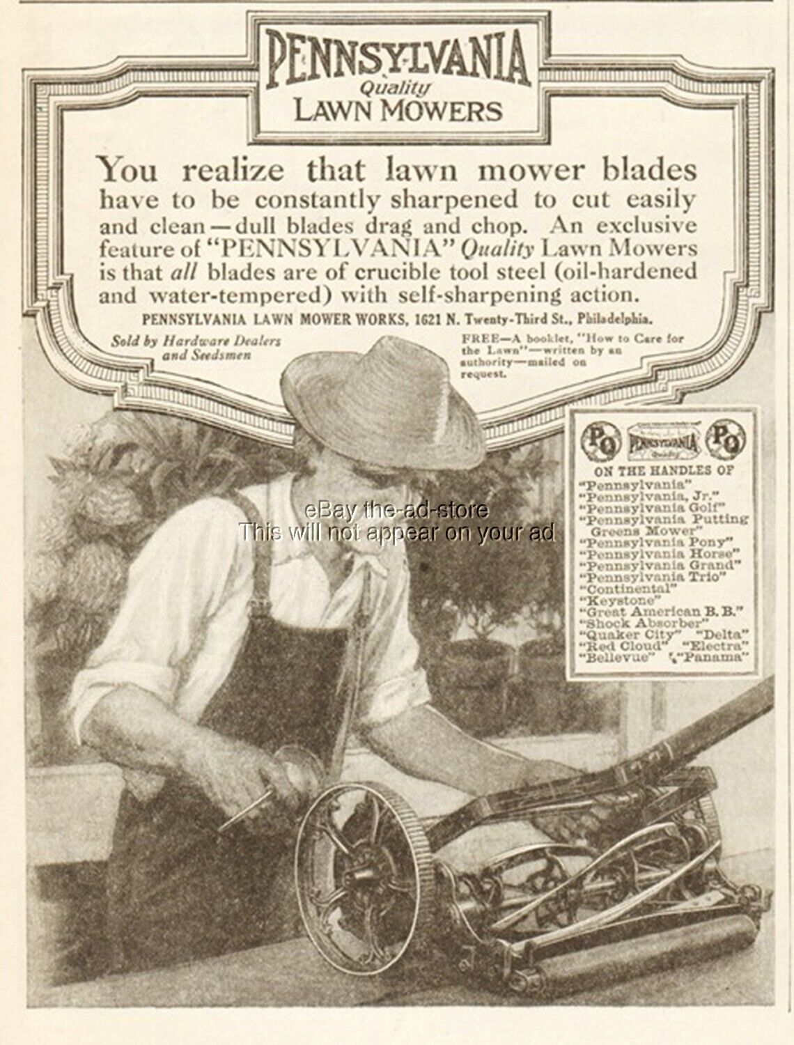 1918 Pennsylvania Lawn Mower Works Philadelphia PA Reel Push Bladed Sharpener Ad