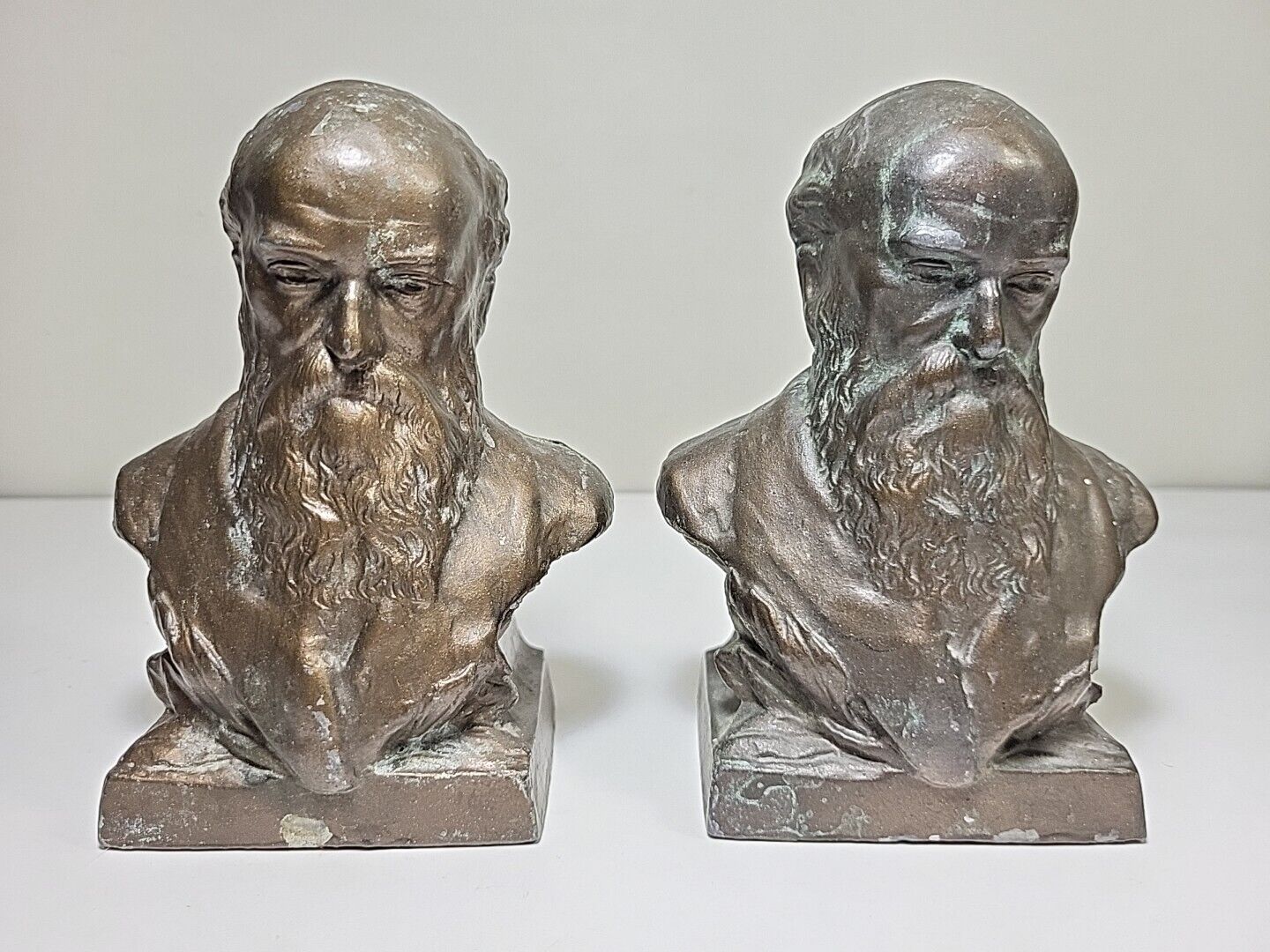 Charles Darwin Metal Bust Pair Bookends Antique Statues 5.5\