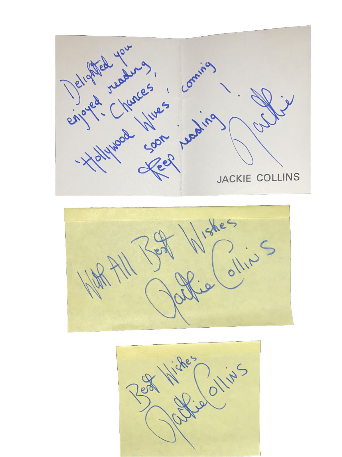 Author Jackie Collins Signed Autographed  Note & 2 Note Pad W/3Diffnt Salutation