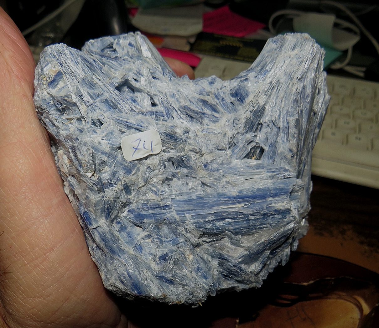 GORGEOUS HUGE SPECIMEN OF BLUE KYANITE IN A WOOD STAND