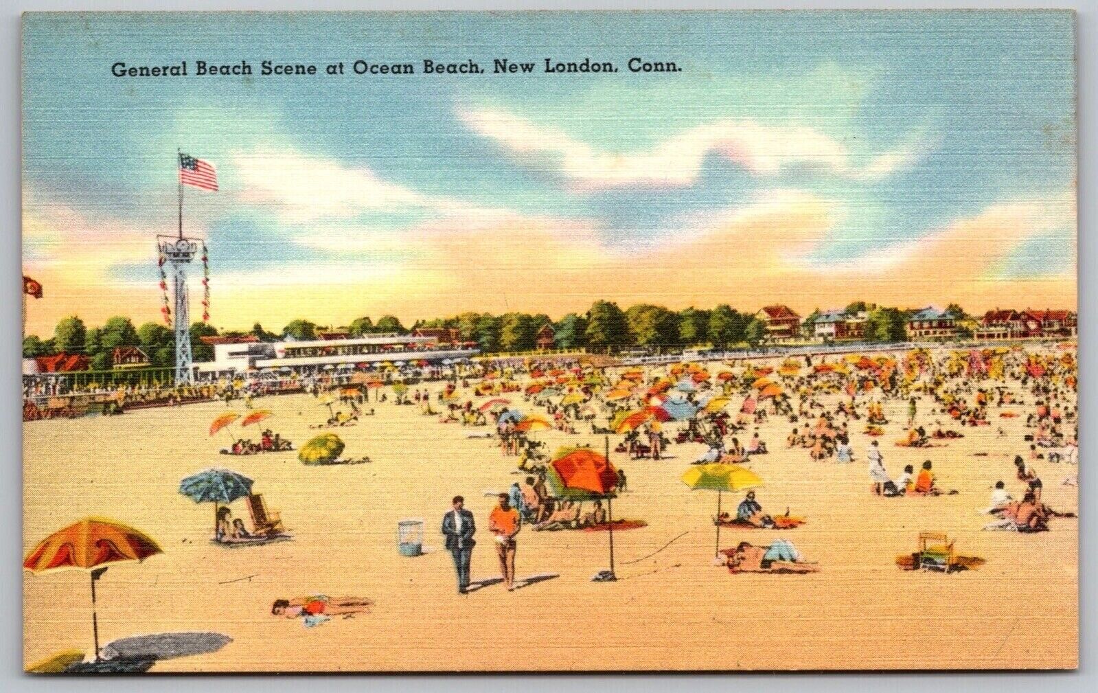 Ocean Beach New London Connecticut Shoreline Waterfront American Flag Postcard