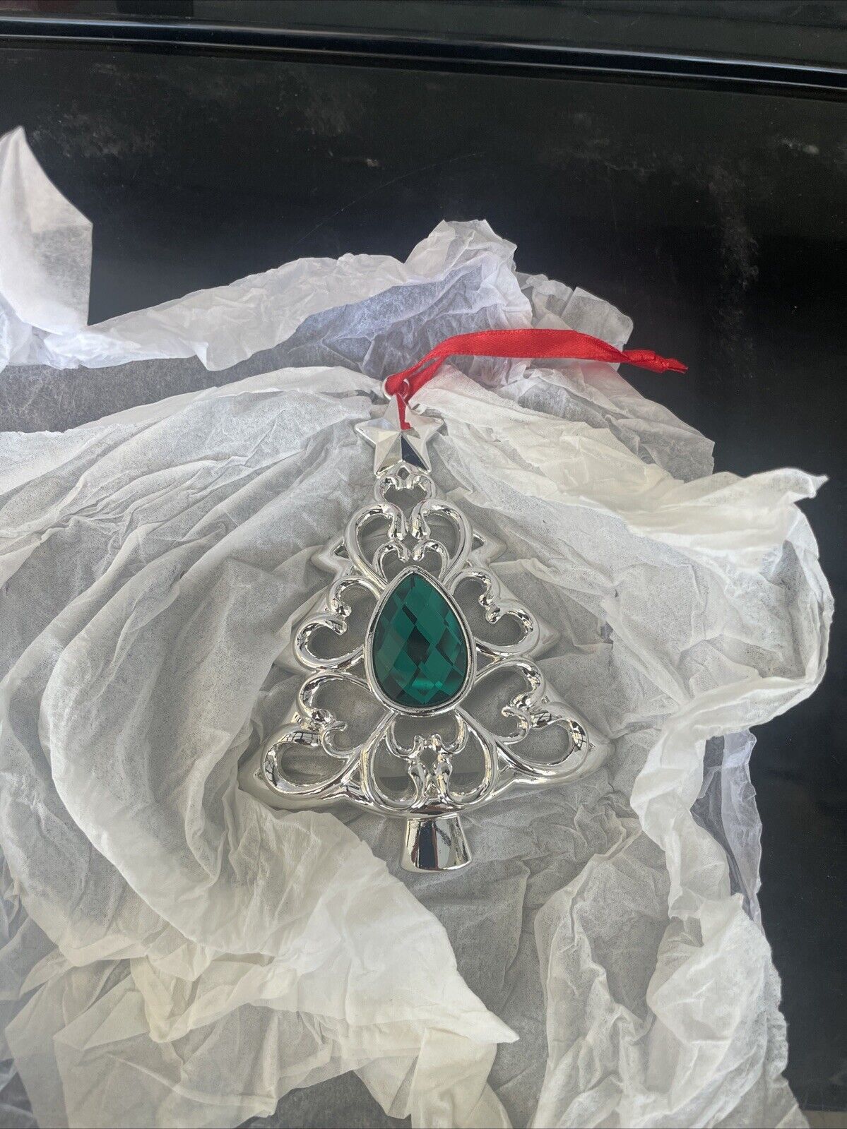 Lenox Bejeweled Christmas Tree Ornament Silverplate/Green Gem Open Box