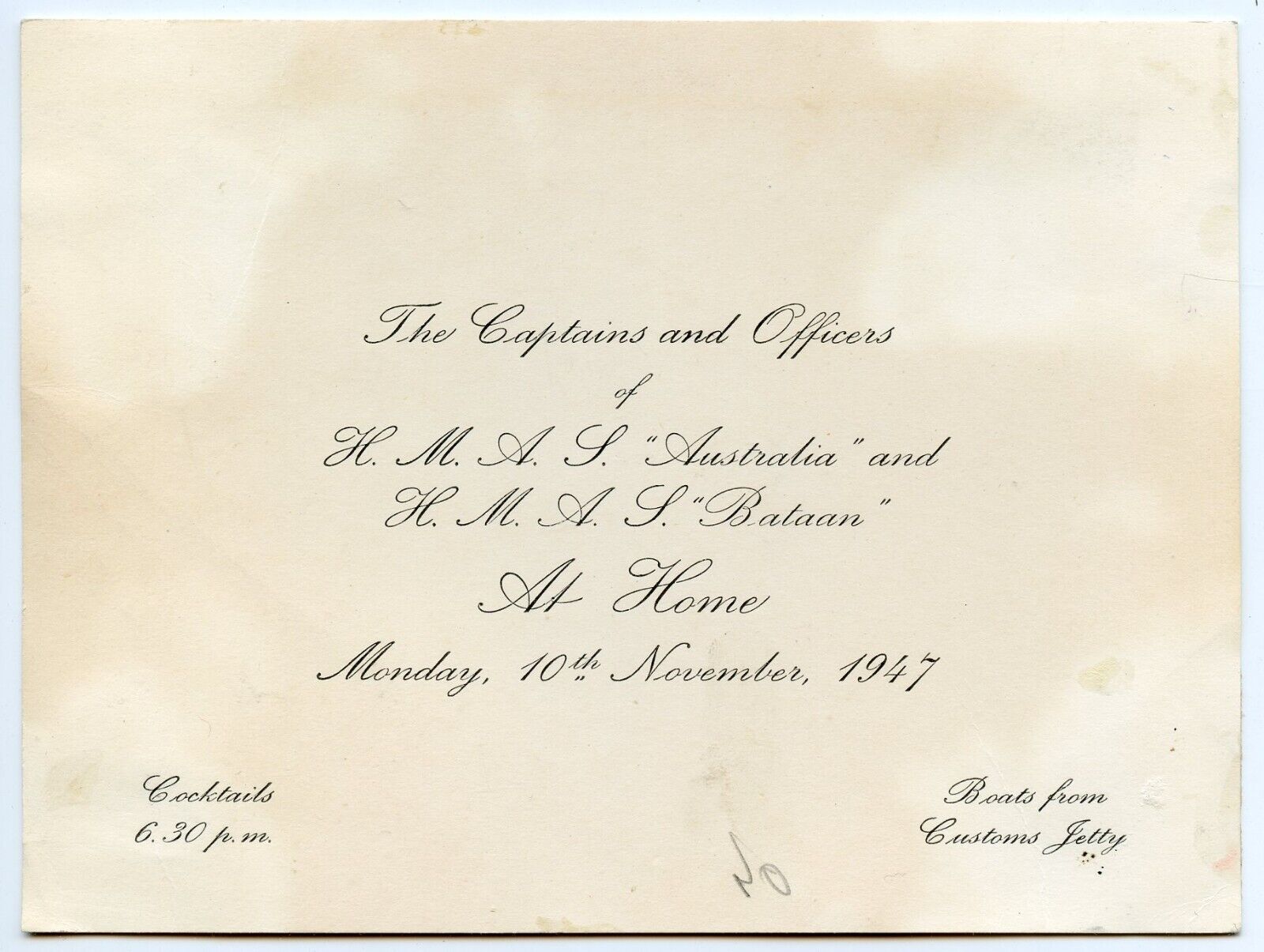 Ships Australia and Bataan invitation to Canada Consul in Shanghai China 1947
