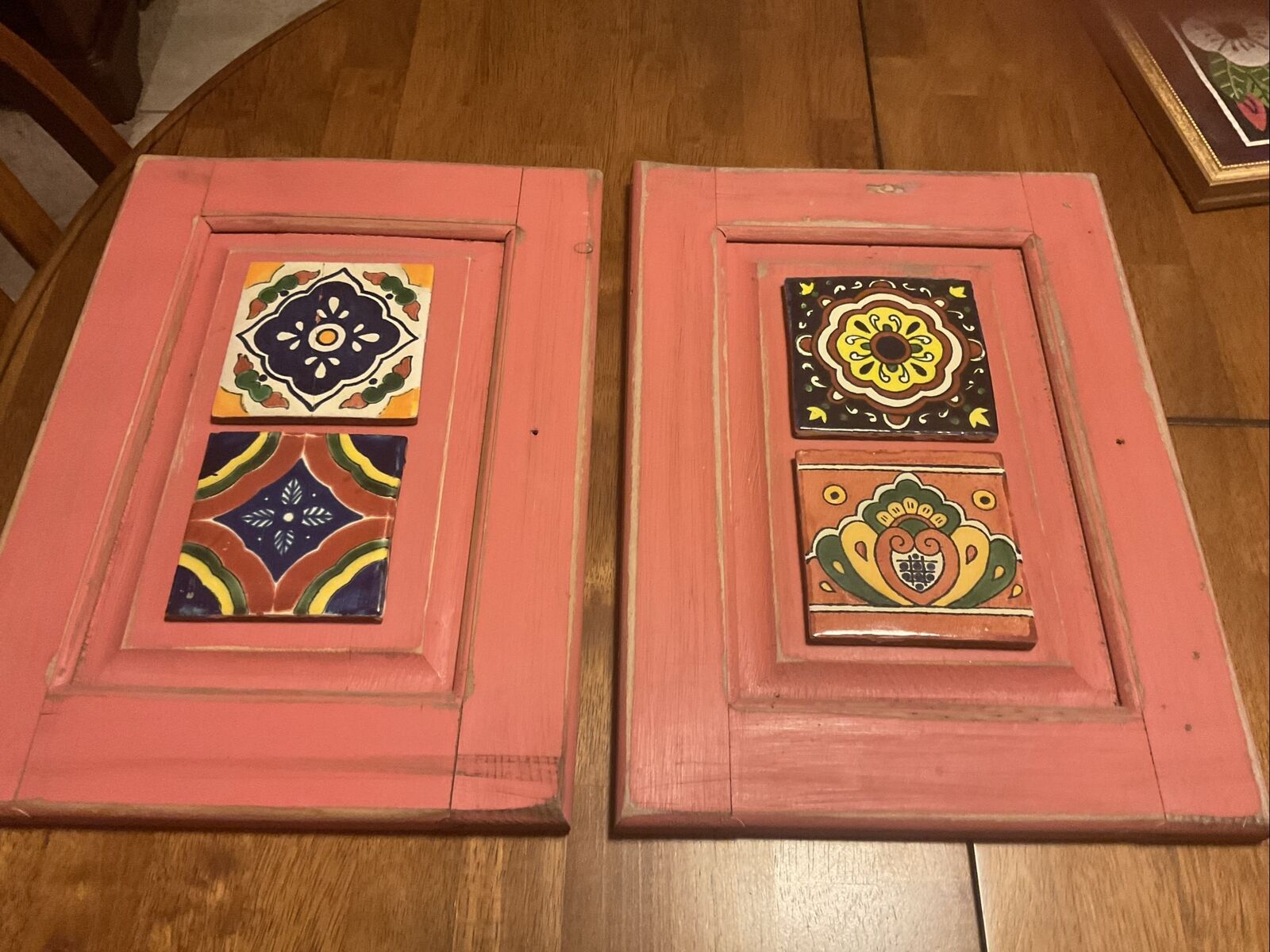 VTG PAIR FRAMED WOODEN HAND CRAFTED PAINTED TILED DECOR 16”x11”