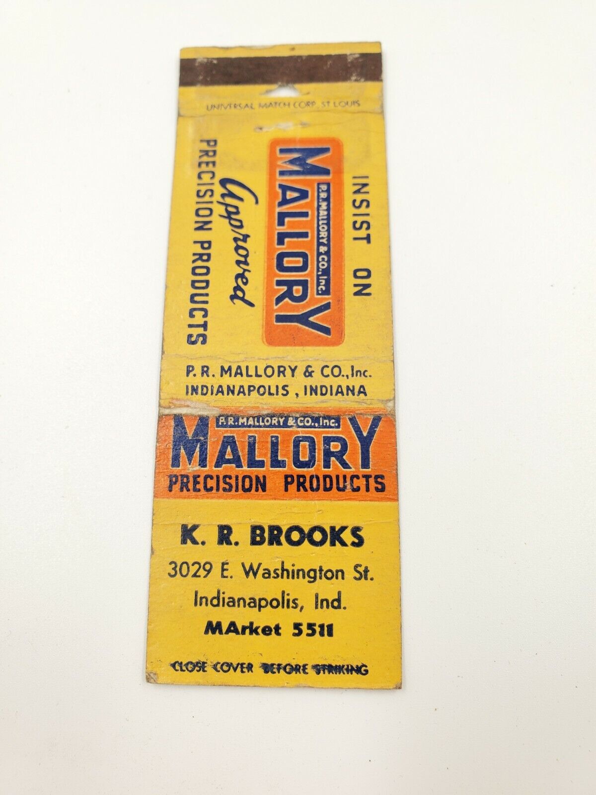 Mallory Precision Products K R Brooks Indianapolis Indiana Matchbook Cover