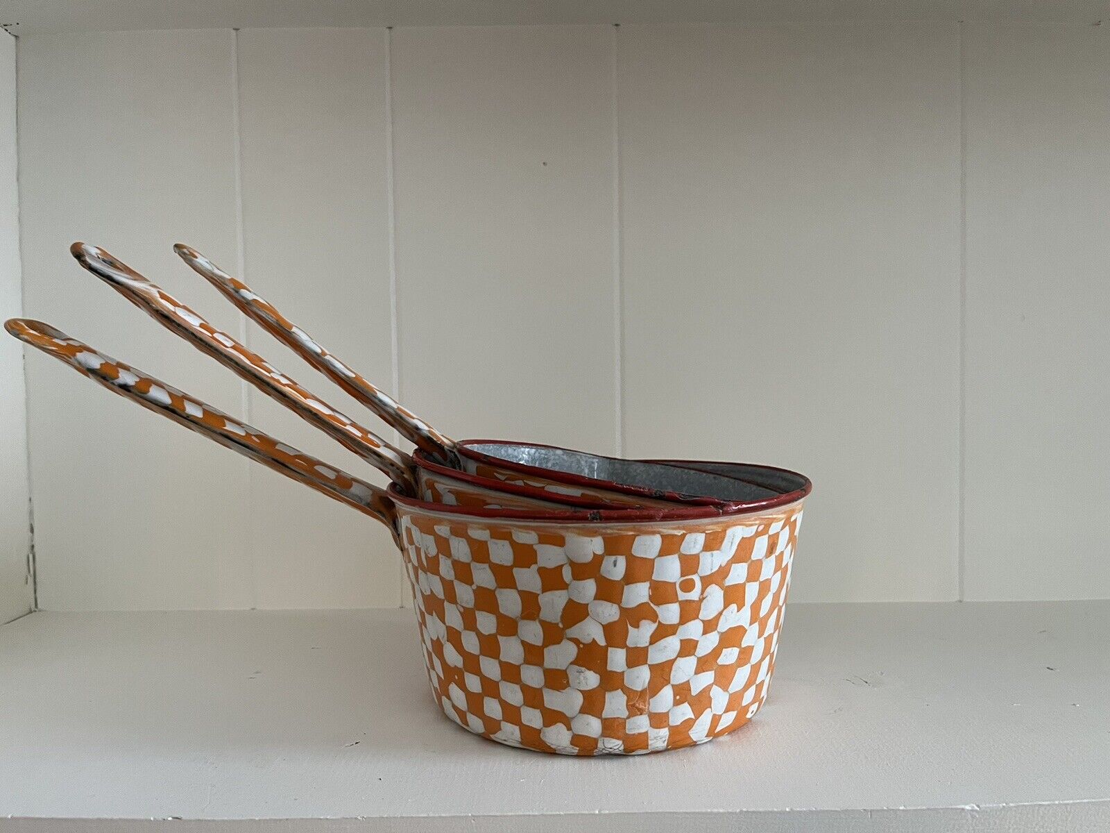 French Orange And White Droopy Check Enamelware Pots. RARE.