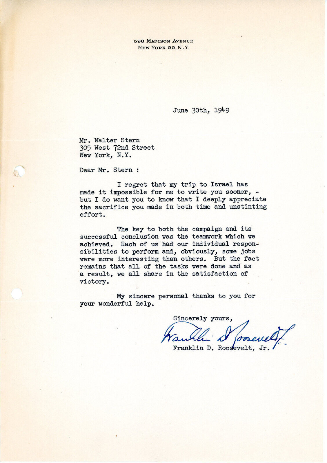 Franklin D Roosevelt Jr - Signed Letter 1949