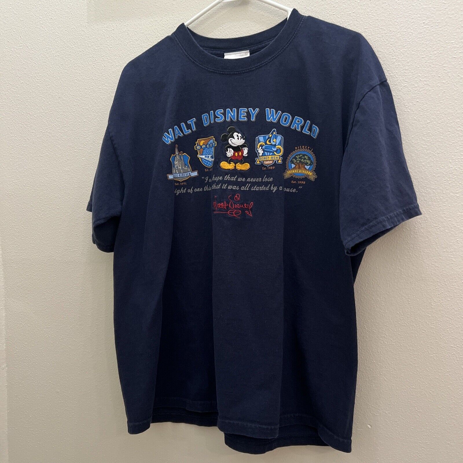 Vintage Walt Disney World (4 Parks) Blue T-Shirt Adult Size XL MGM Hat Shown