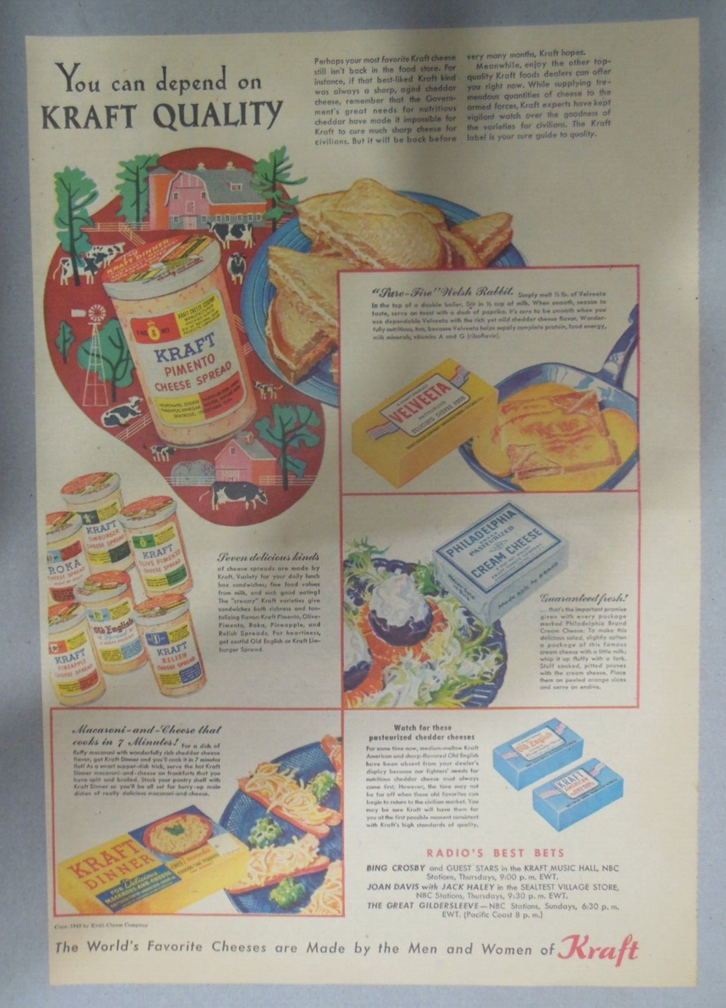 Kraft Cheese Ad:  You Can Depend On Kraft Quality  1940\'s Size: 11 x 15 inches