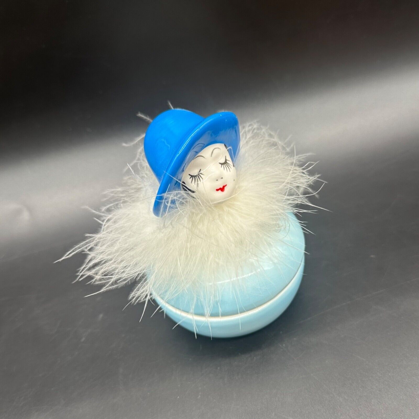 Vintage Trinket Box IW Rice Blue Flapper Girl Feather Boa 1980s Jewelry Holder