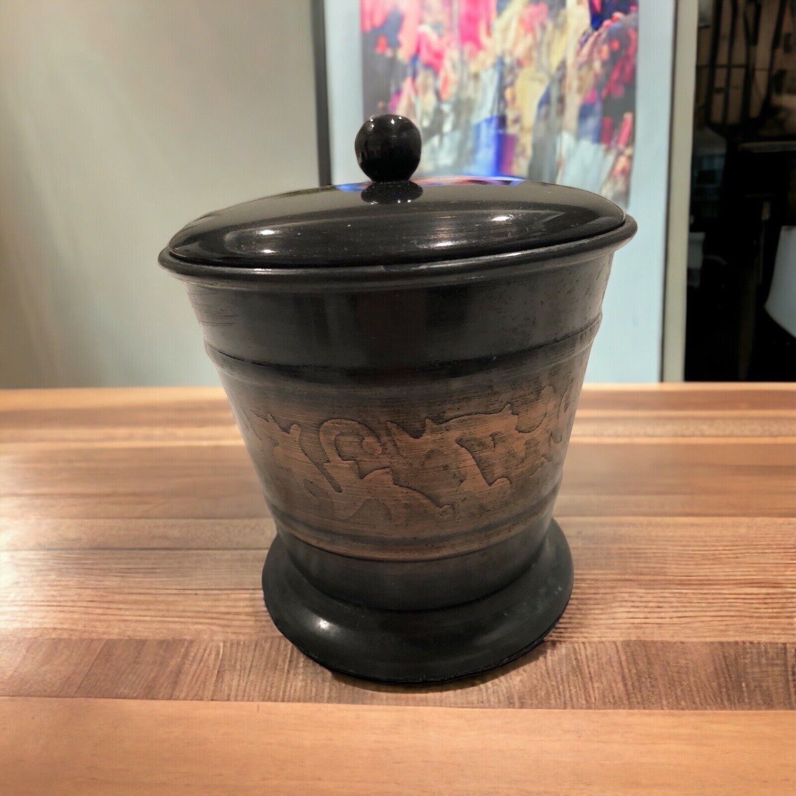 Bronze Copper Colored Canister With Decorative Band And Lid