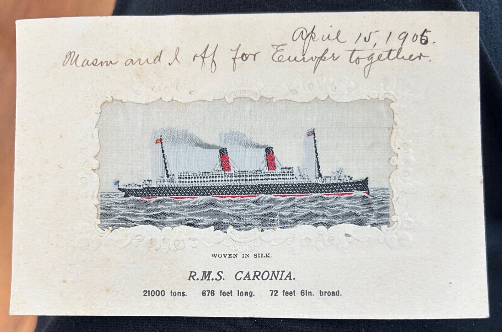 RMS Caronia Silk postcard 1906 Steamship Ship Stevengraph Intricate weaving