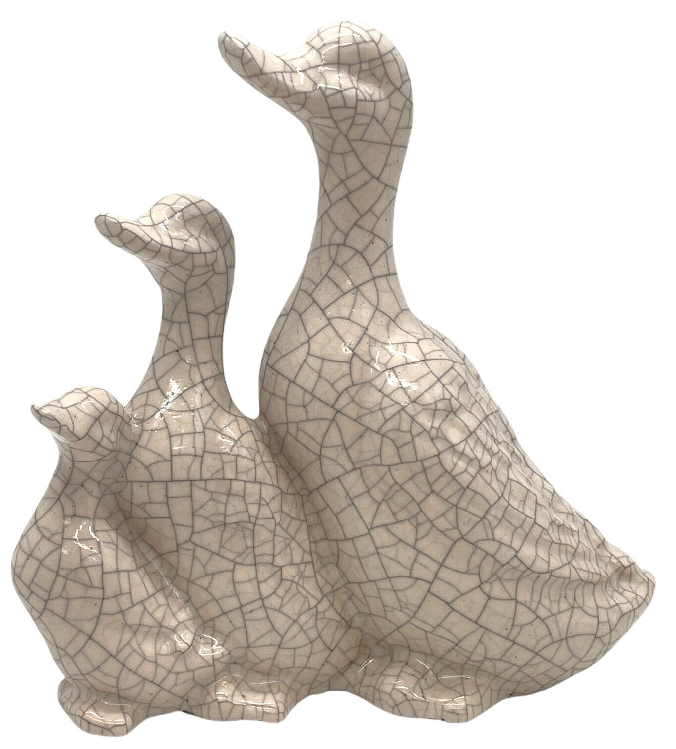 Vintage 3 Ducks Crackle Glaze Ceramic Statue Decor White 9” X 8” Mallard Unique