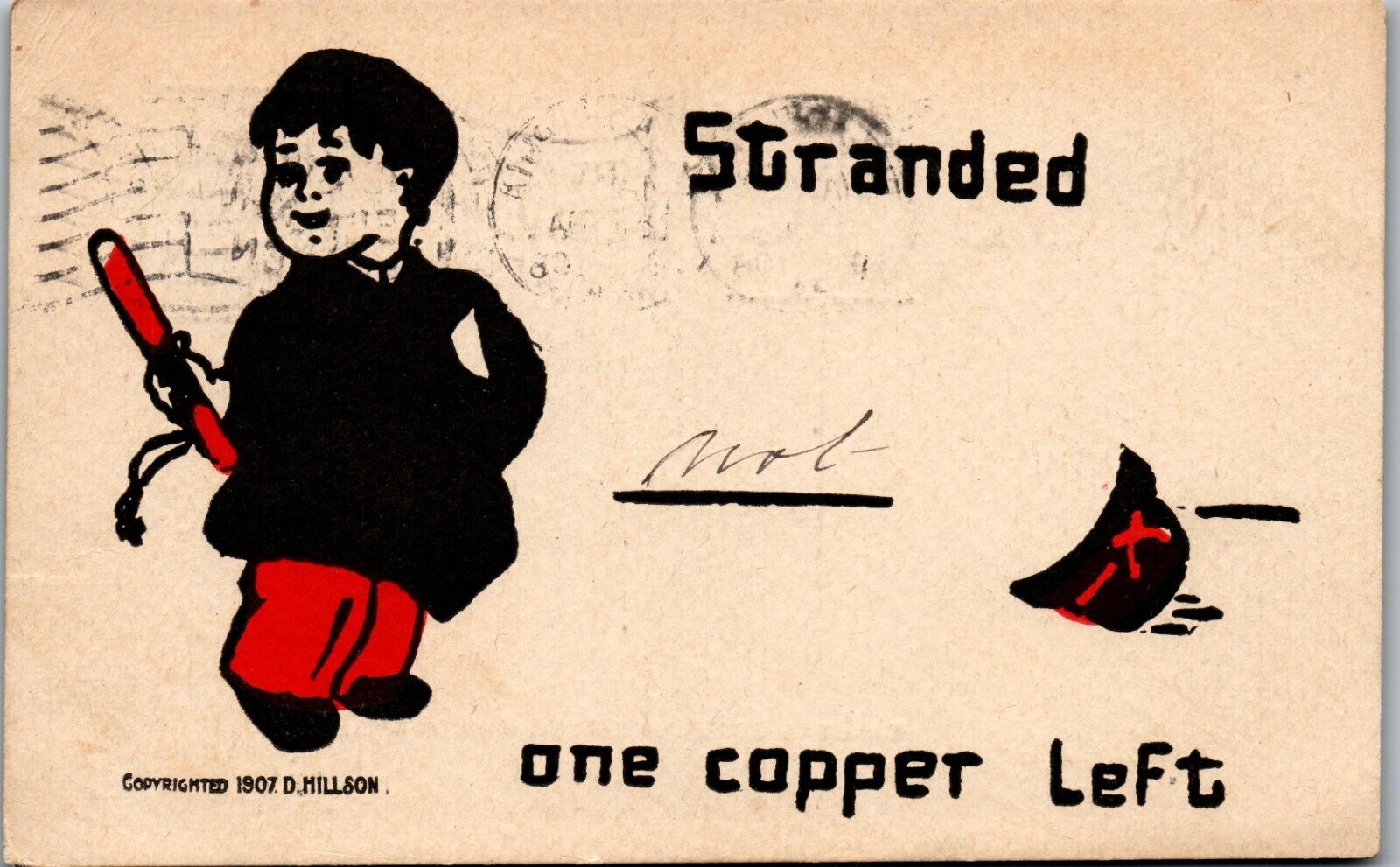 Humor card - stranded one copper left - 1908 police Vintage Postcard UU2