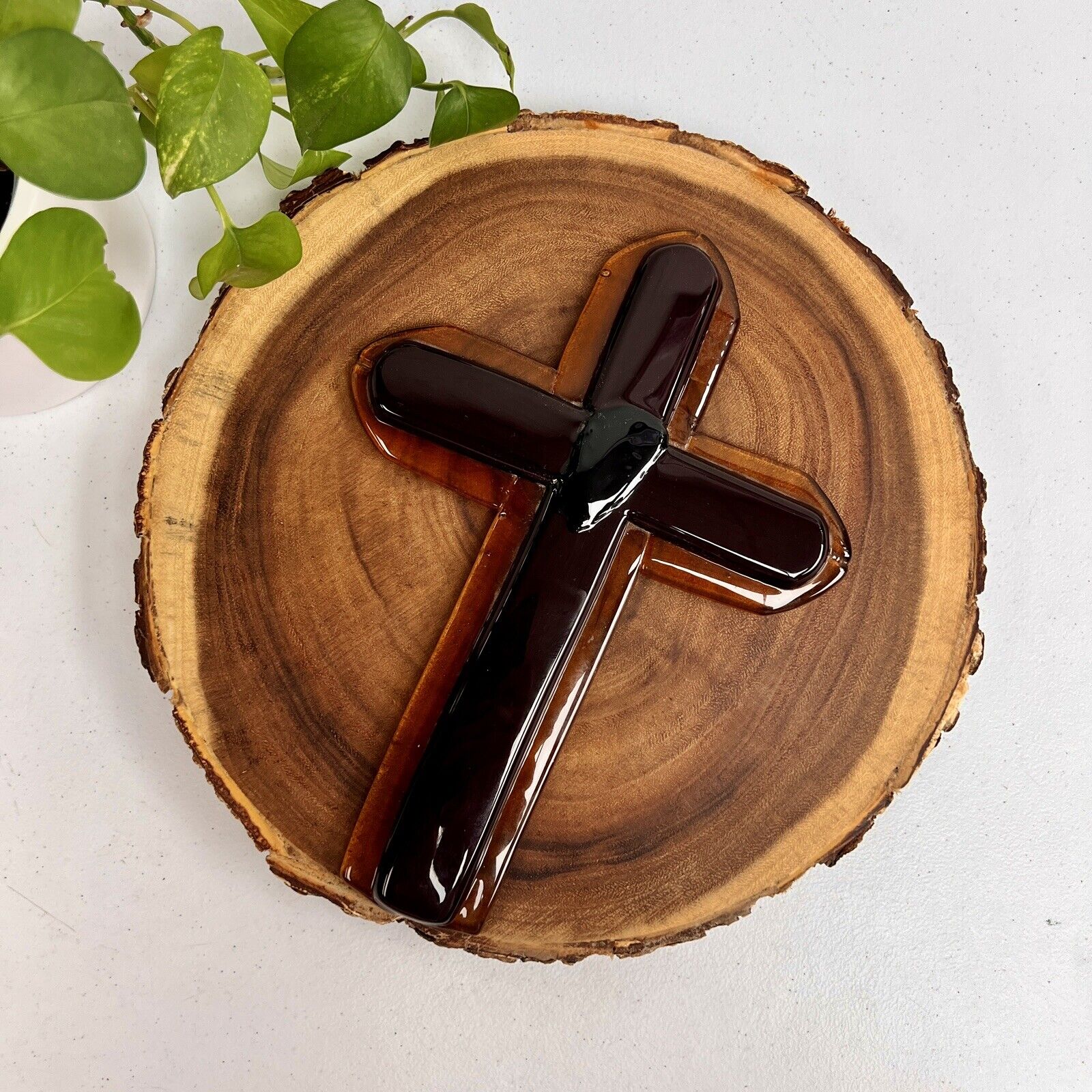 Art Glass Cross of Jesus Christ Christian Home Decor in Translucent Amber & Red