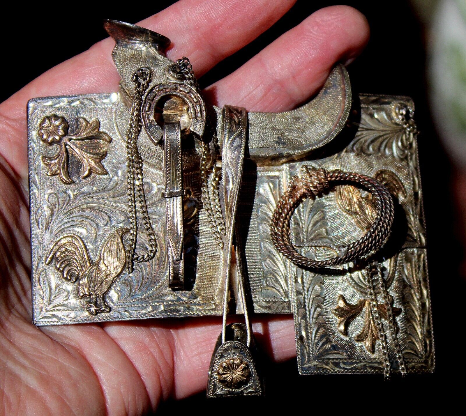 GIANT Old Solid Sterling Silver & 10K Gold Handmade COWBOY SADDLE Belt Buckle