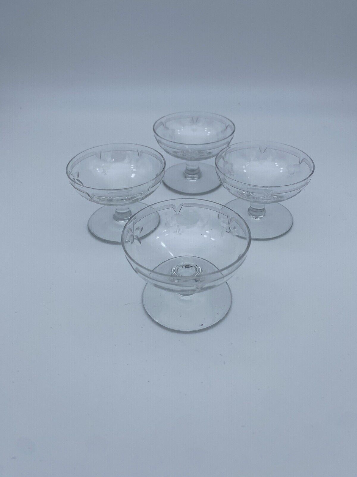 Art Deco Salt Cellar Etched Glass or Dip Open w Pedestal Set of 4 Dainty Antique