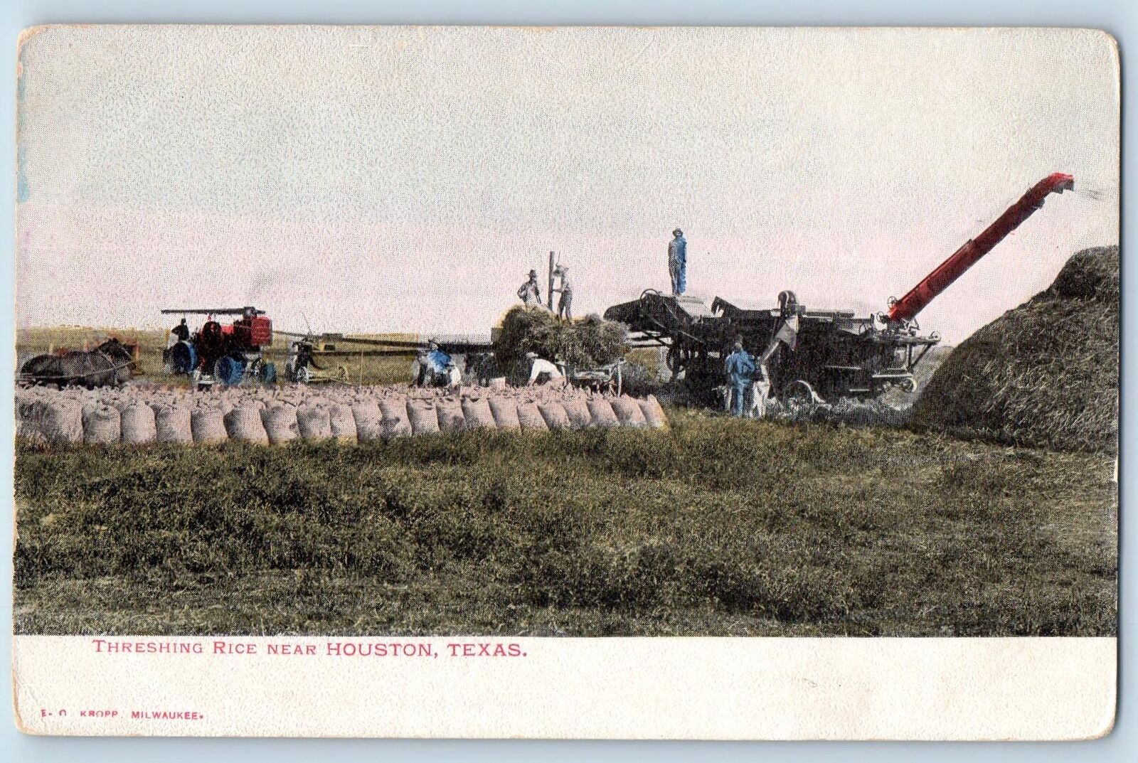 c1905's Threshing Rice Tractor Threshing Machine Farmer Houston Texas Postcard