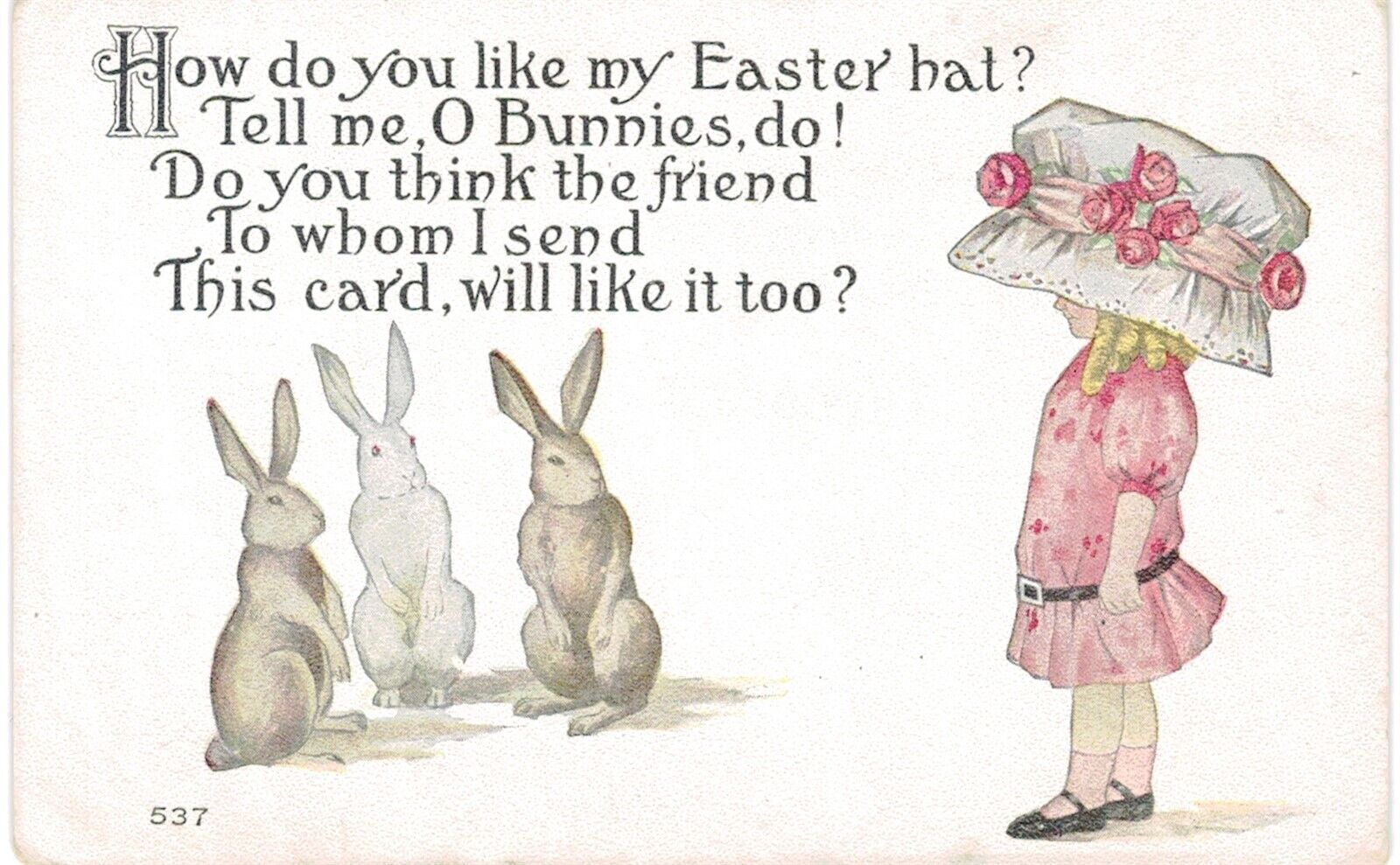 Easter Bunny F A Owen Julia Woodworth A/UNS Rabbits & Girl In BIg Hat 1910 