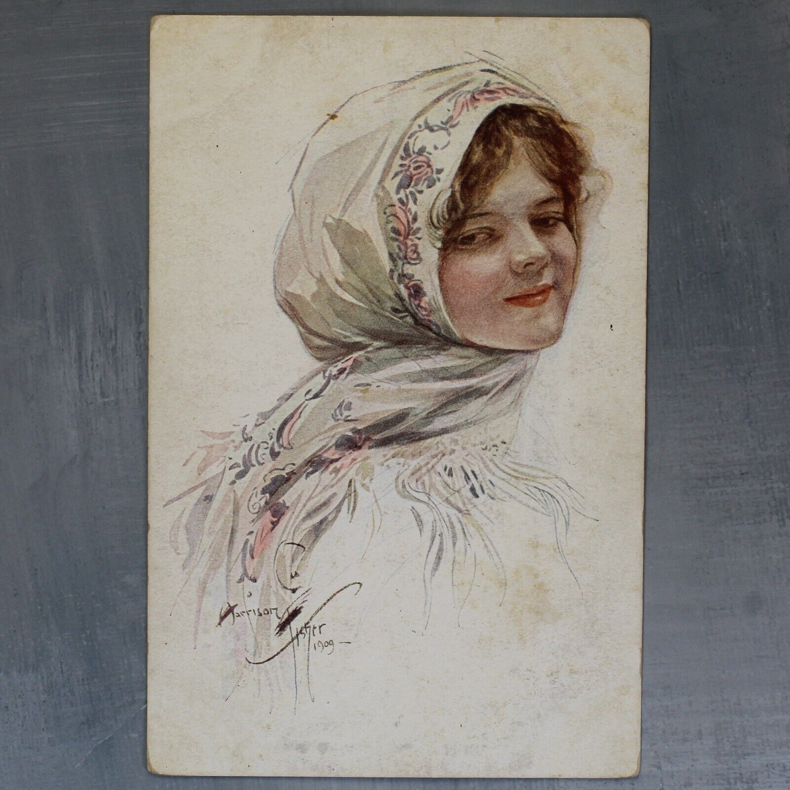 HARRISON FISHER. Cherry ripe. Woman head scarf. Tsarist Russia postcard 1909s🍒