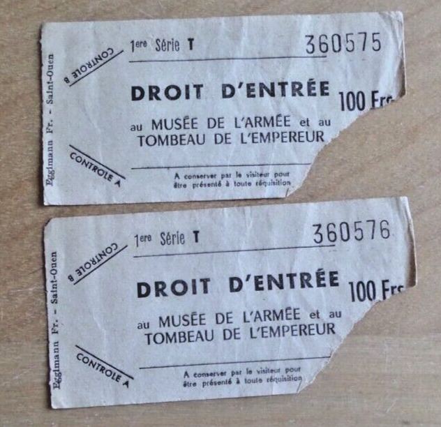 The Army Museum & Emperor Napoleon's Tomb paper Tickets 1958 (2) Paris