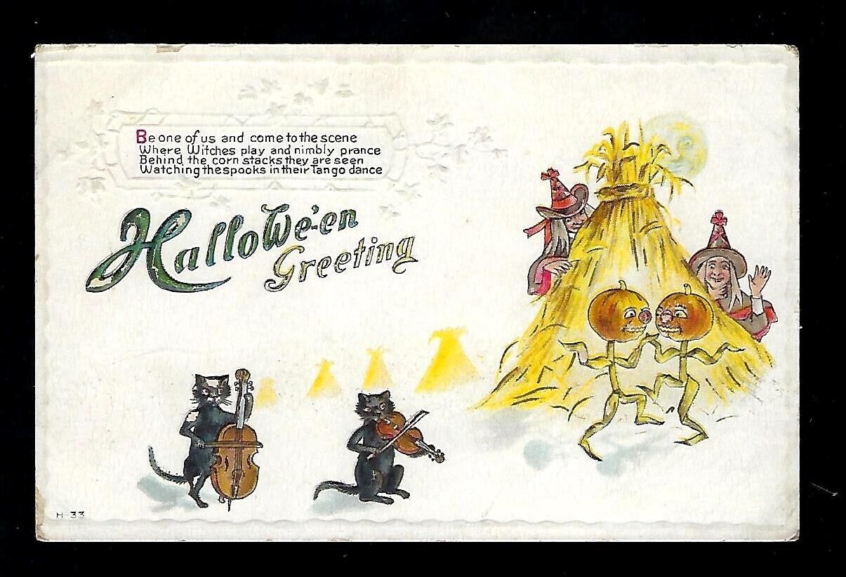 Early 1900's Halloween Postcard Violin/Cello Black Cats, Witches, Haystock, Moon