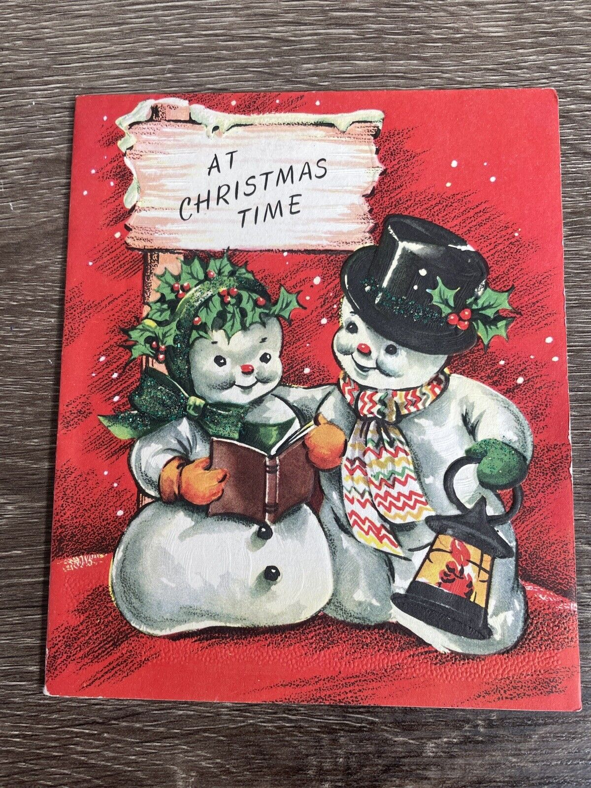 Vintage Christmas Card Snowman Couple Dressy Caroling, Used