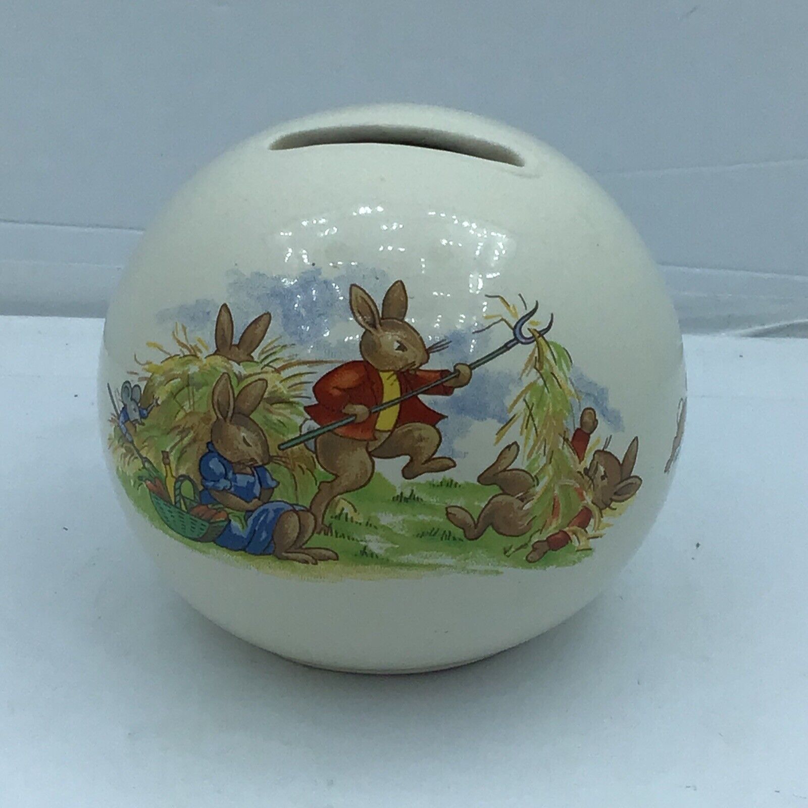 Vintage Bunnykins Royal Doulton Round Bank Playing In The Hay