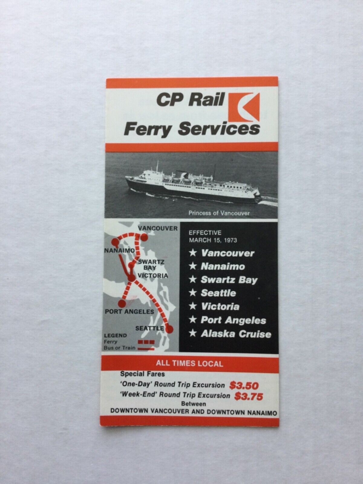 Canadian Pacific Timetable Ferry Services March 15, 1973