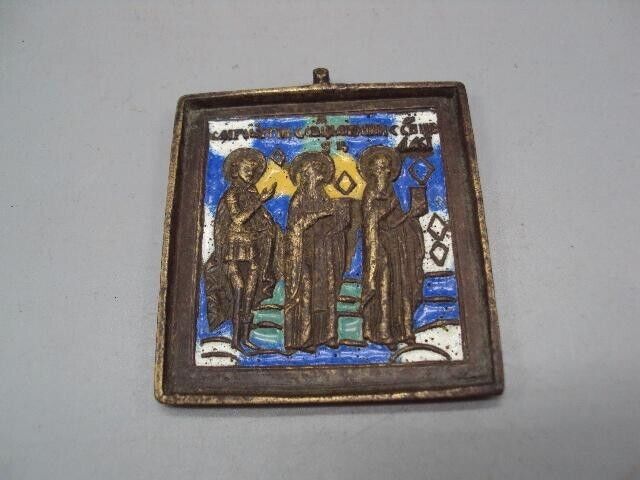 Antique Christian Religion Colored Enamel Cast Bronze Pendant Icon Three Saints