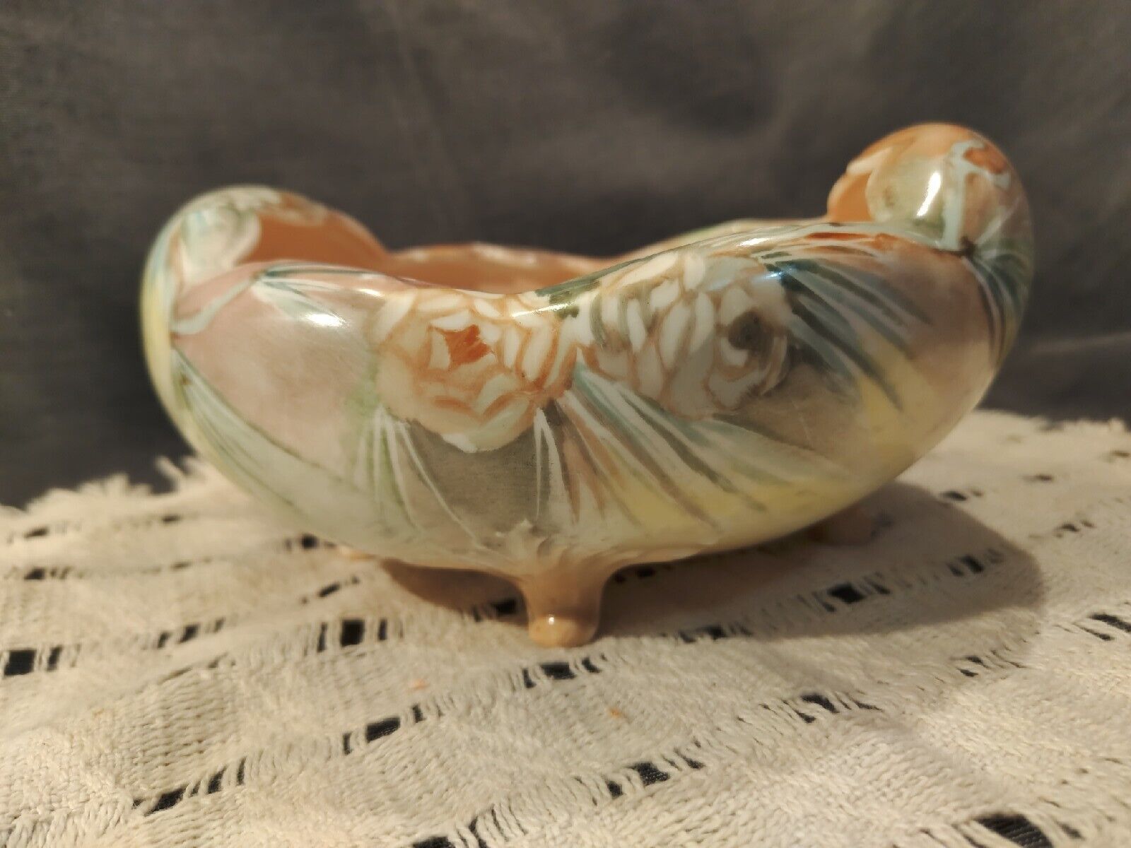 Atq Hand Painted Footed Porcelain Bavarian Nut Bowl Dish Pine Cone Green Peach