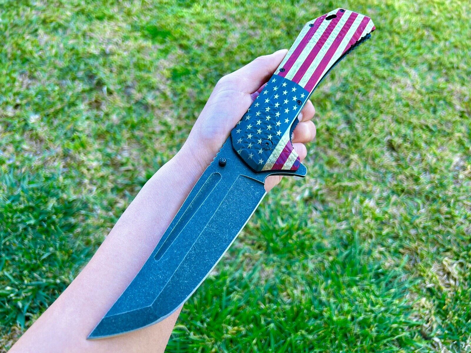 12.25” Giant USA Flag Tactical Spring Assisted Open Blade Pocket Knife Hunting