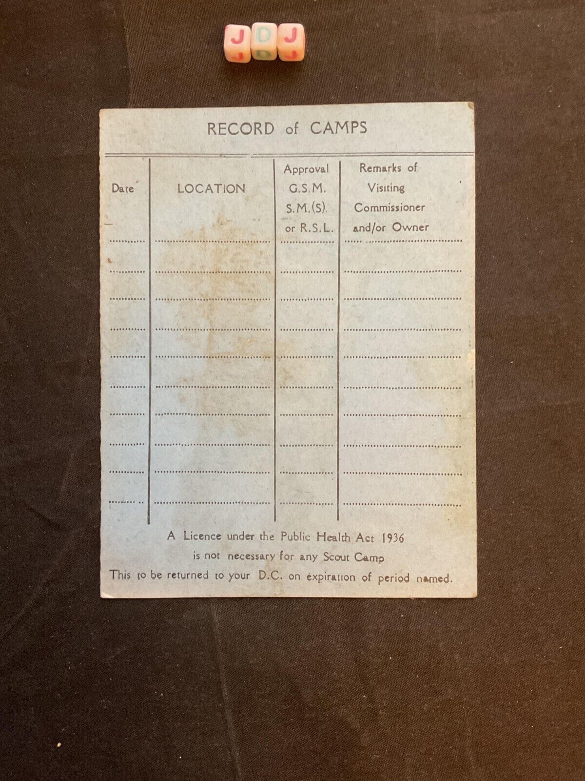 1936 Boy Scouts Hike Camp Permit Card