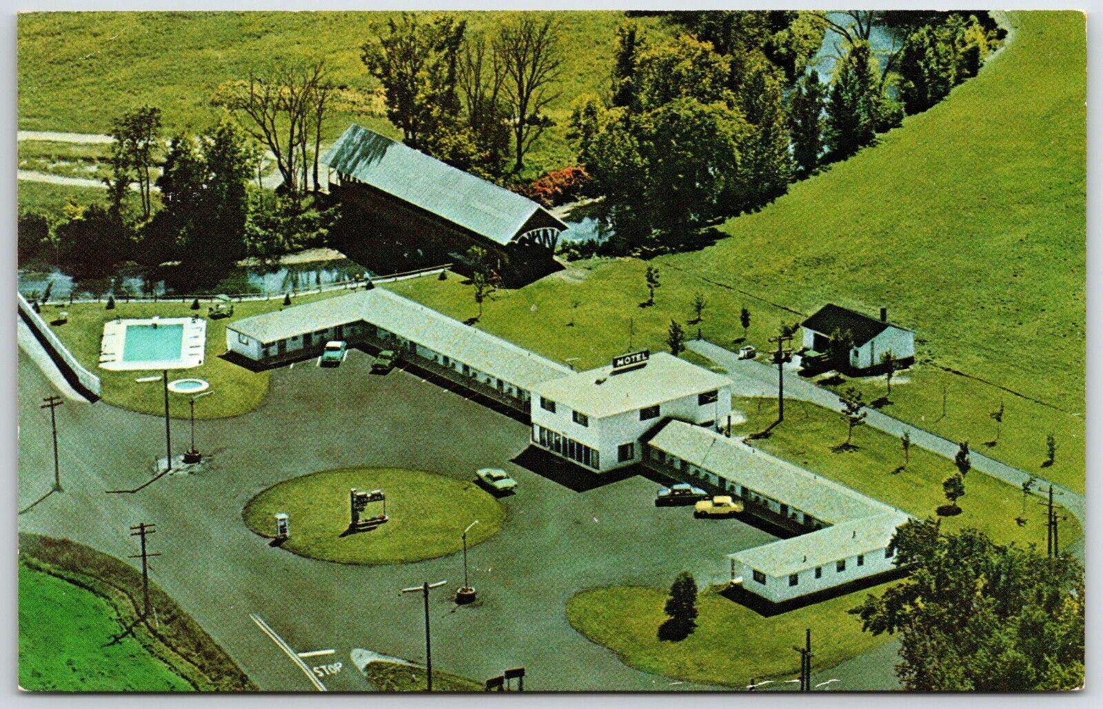 Pre-1980 OLD CARS & LYNBURKE MOTEL Lyndonville Vermont VT unposted aerial view