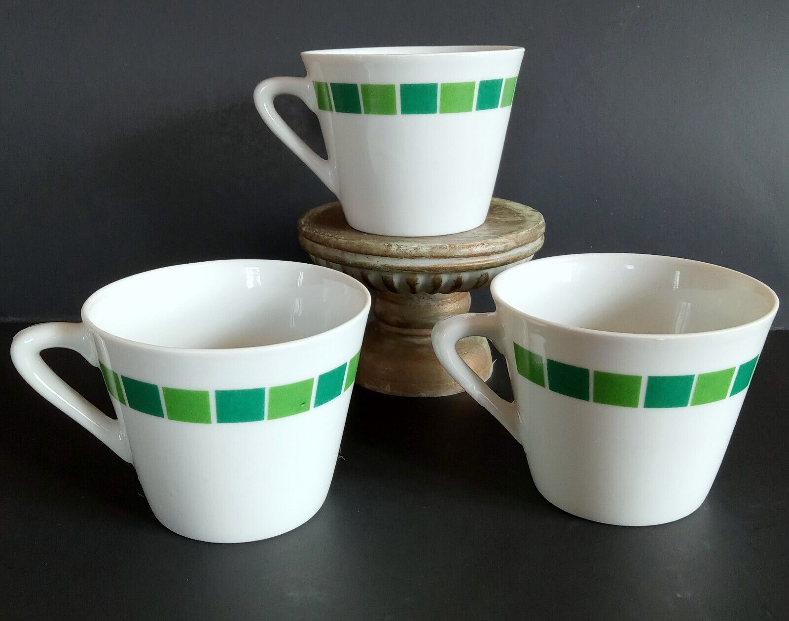 3 Vintage Mid Century NASCO Coffee Tea Mugs Diner White & Green MCM w/ Stickers