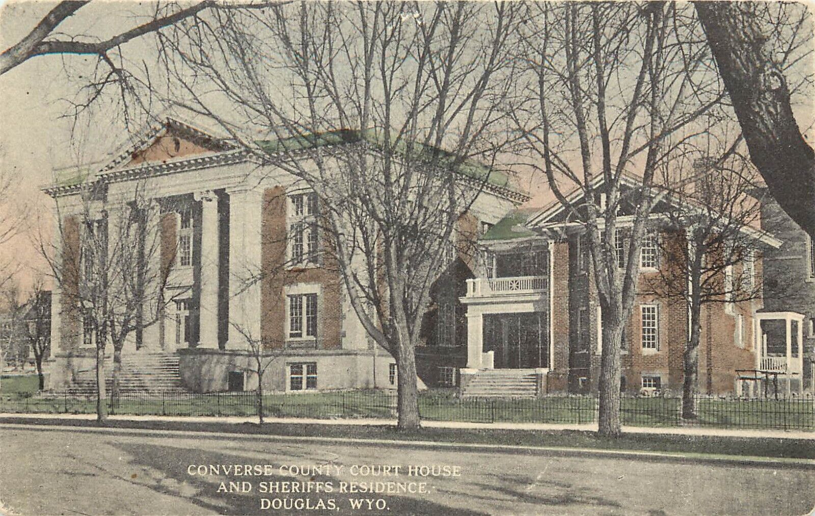 Hand-Colored Postcard Douglas WY Converse County Court House, Sheriffs Residence