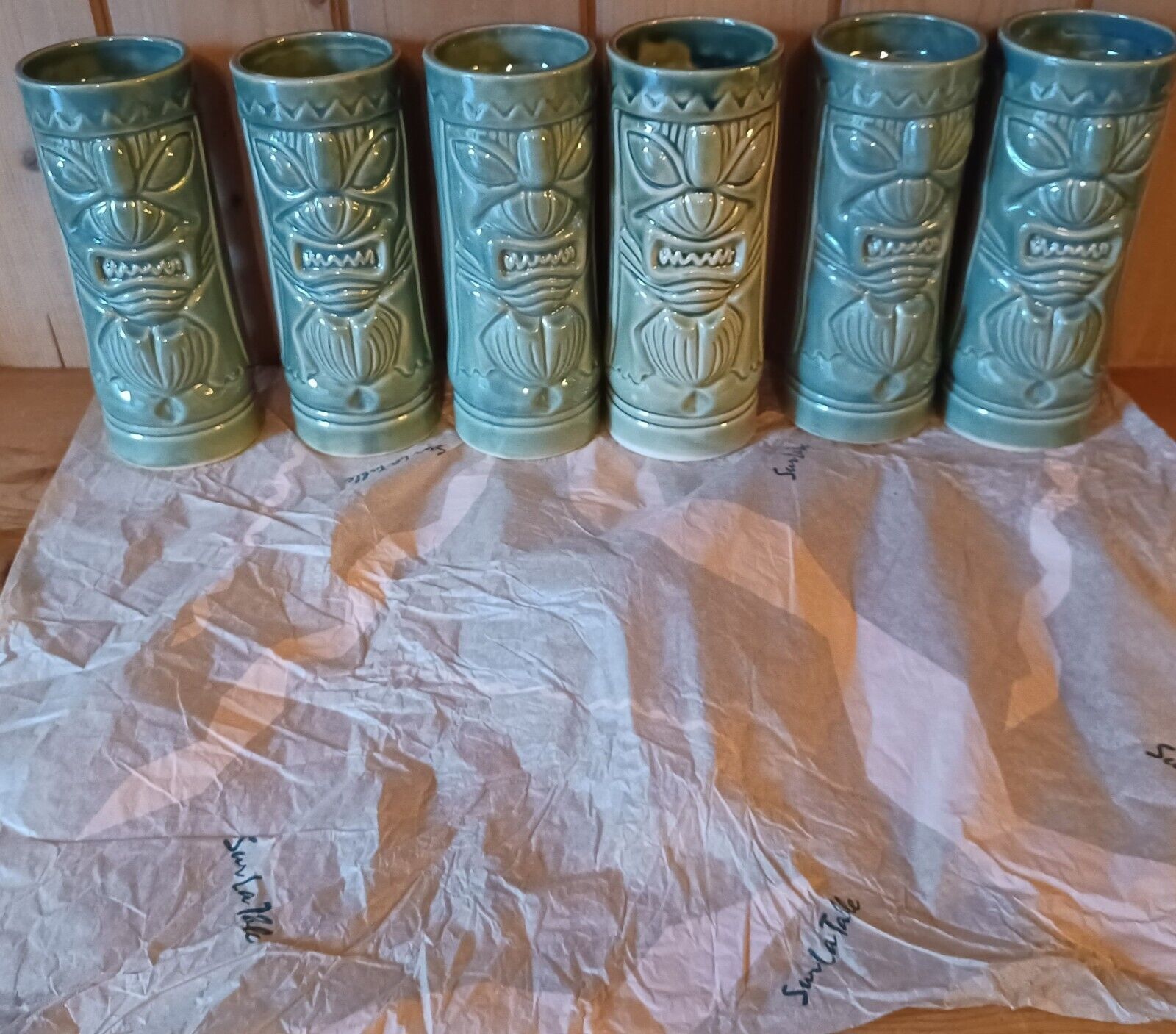 6 Vintage SUR LA TABLE  Ceramic Tiki Green Mugs  6.5” Tall 