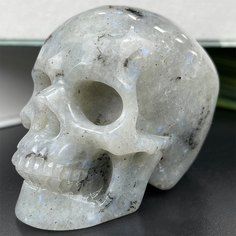 3\'\' Natural White Labradorite Human Skull Hand Carved Energy Crystal Collection