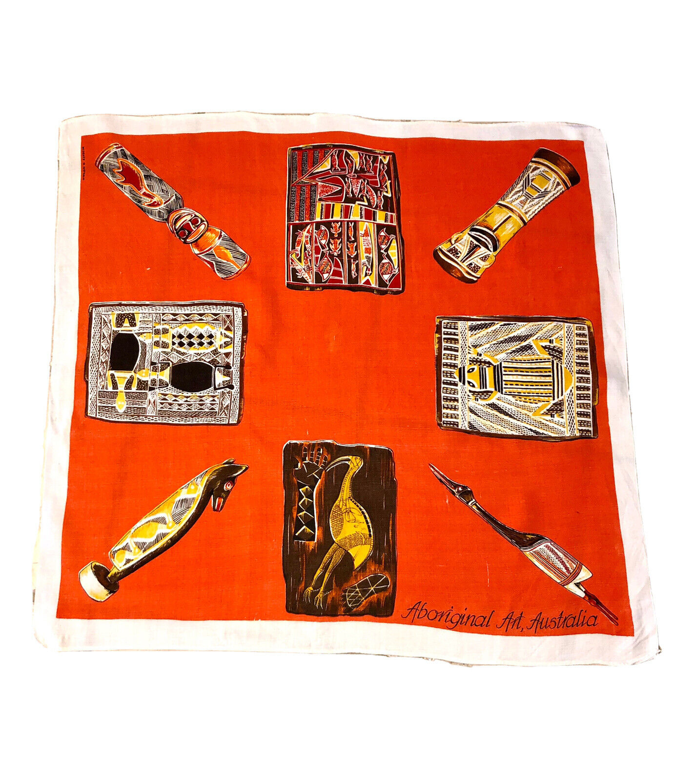 VTG 1960s Graphic Art Aboriginal Australian Linen Souvenir Travel Tablecloth 33”