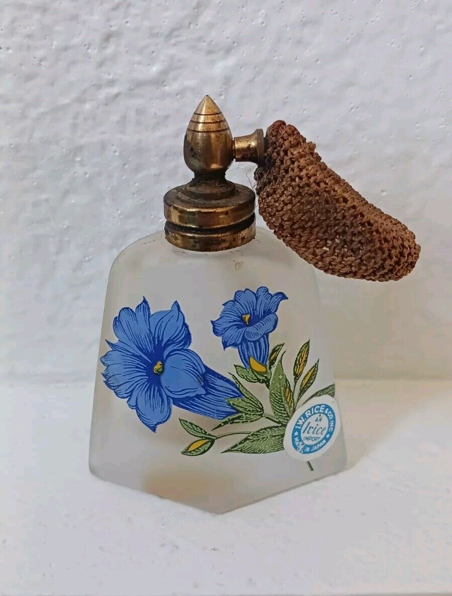 Vintage I W Rice Irice Frosted Perfume Bottle With Atomizer Blue Flowers