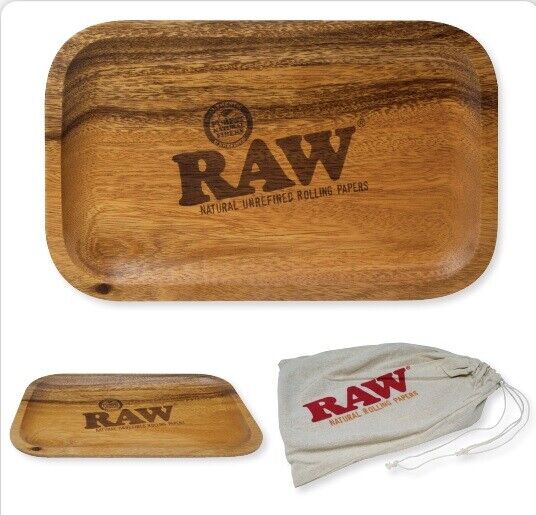 BUY FIVE - RAW Rolling Papers ACACIA WOODEN wood TRAYS 11x7 w/ Storage Bags
