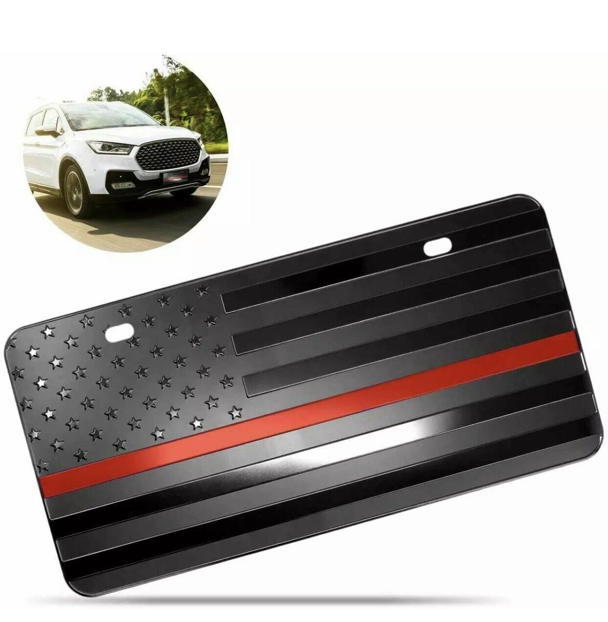 Zone Tech Black Steel Tactical Firefighter Flag Embossed License Plate Red Line